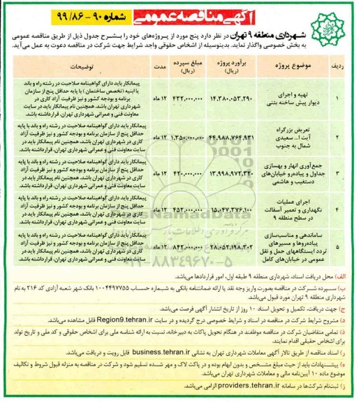 آگهی مناقصه عمومی ,مناقصه تهیه و اجرای دیوار پیش ساخته بتنی و...