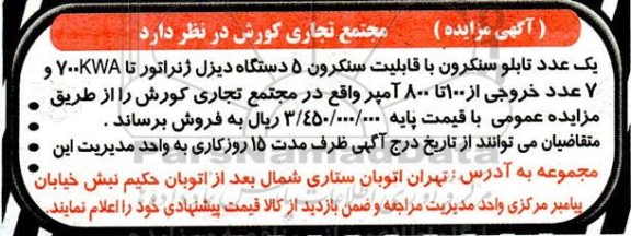 مزایده یک عدد تابلو سنکرون و با قابلیت سنکرون 5 دستگاه دیزل ژنراتور تا 700KWA