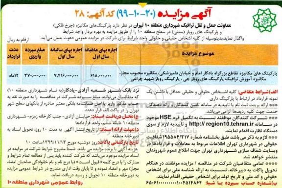 مزایده ، مزایده پارکینگ های مکانیزه (چرخ فلکی) و پارکینگ های روباز (سنتی)