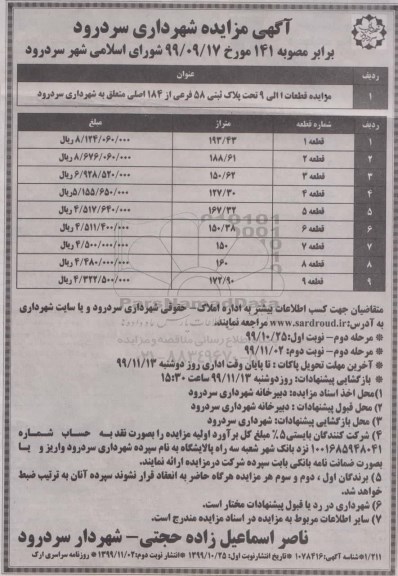 مزایده,مزایده قطعات 1 الی 9 تحت پلاک ثبتی 58 فرعی از 184 اصلی