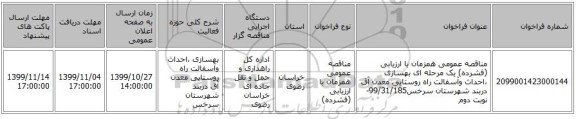 مناقصه عمومی همزمان با ارزیابی (فشرده) یک مرحله ای بهسازی ،احداث وآسفالت راه روستایی معدن آق دربند شهرستان سرخس99/31/185-نوبت دوم