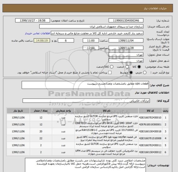استعلام قطعات ups مطابق بامشخصات وتعدادمندرج درپیوست