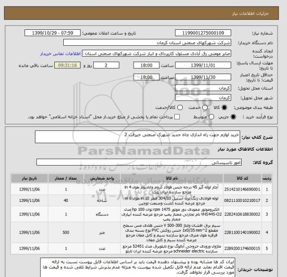 استعلام خرید لوازم جهت راه اندازی چاه جدید شهرک صنعتی جیرفت 2