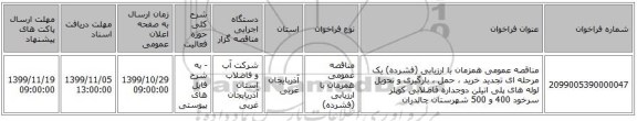 مناقصه عمومی همزمان با ارزیابی (فشرده) یک مرحله ای تجدید خرید ، حمل ، بارگیری و تحویل لوله های پلی اتیلن دوجداره فاضلابی کوپلر سرخود 400 و 500 شهرستان چالدران