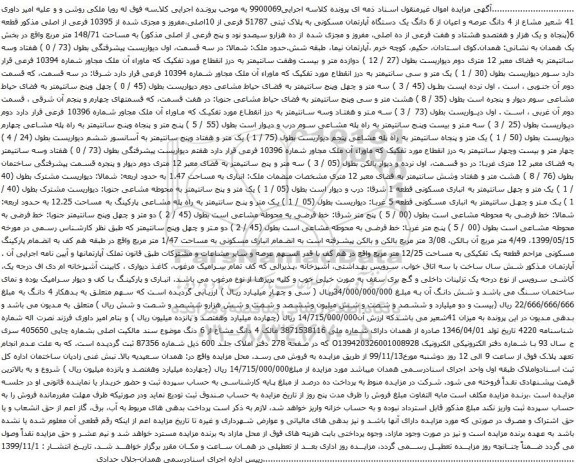 آگهی مزایده عرصه و اعیان از 6 دانگ یک دستگاه آپارتمان مسکونی به پلاک ثبتی 51787 فرعی از 10اصلی