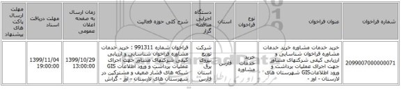 خرید خدمات مشاوره خرید خدمات مشاوره فراخوان شناسایی و ارزیابی کیفی شرکتهای مشاور جهت اجرای عملیات برداشت و ورود اطلاعاتGIS  شهرستان های لارستان - اوز -
