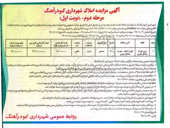 مزایده مزایده فروش املاک صنعتی 700 مترمربع مرحله دوم نوبت اول 