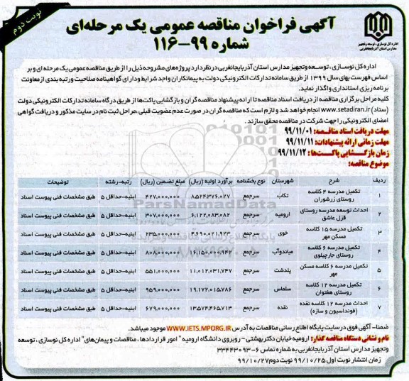 آگهی فراخوان مناقصه ,مناقصه تکمیل مدرسه 4 کلاسه روستای  و...- نوبت دوم
