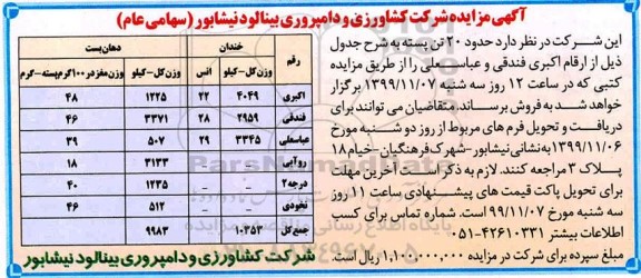 مزایده حدود 20 تن پسته 99.10.30