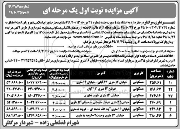آگهی مزایده،مزایده فروش 6 قطعه از زمینهای تفکیکی مسکونی نوبت اول 