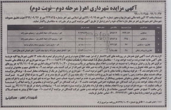 آگهی مزایده عمومی ،مزایده واگذاری املاک - مرحله دوم نوبت دوم