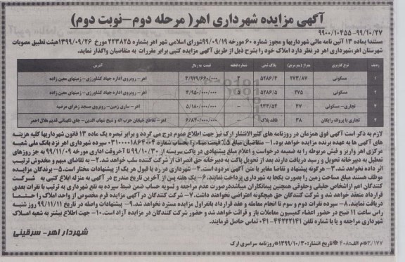 آگهی مزایده عمومی ،مزایده واگذاری املاک - مرحله دوم نوبت دوم 