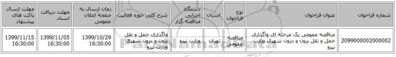 مناقصه عمومی یک مرحله ای واگذاری حمل و نقل برون و درون شهری وزارت نیرو 
