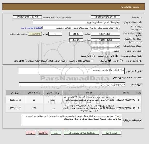 استعلام چراغ اداری روکار طبق درخواست-