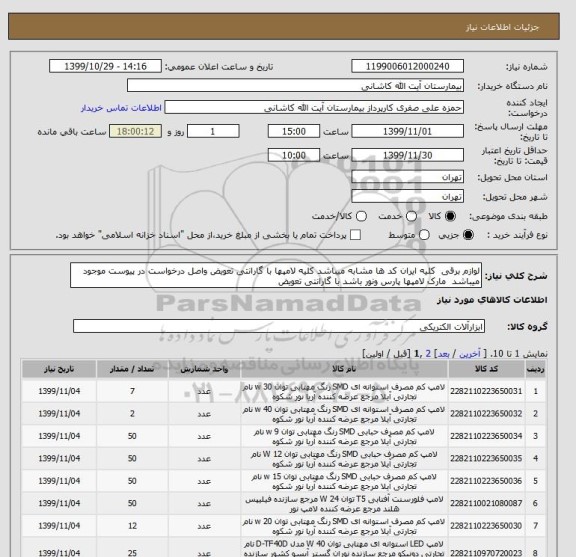 استعلام لوازم برقی  کلیه ایران کد ها مشابه میباشد کلیه لامپها با گارانتی تعویض واصل درخواست در پیوست موجود میباشد  مارک لامپها پارس ونور باشد با گارانتی تعویض