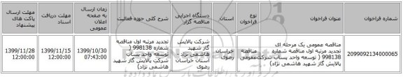 مناقصه عمومی یک مرحله ای تجدید مرتبه اول مناقصه شماره 998138 ( توسعه واحد پساب شرکت پالایش گاز شهید هاشمی نژاد)