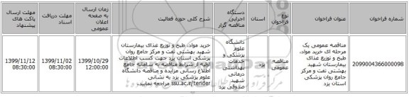 مناقصه عمومی یک مرحله ای خرید مواد، طبخ و توزیع غذای بیمارستان شهید بهشتی تفت و مرکز جامع روان پزشکی استان یزد