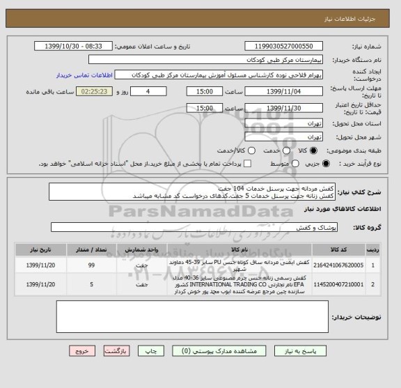 استعلام کفش مردانه جهت پرسنل خدمات 104 جفت
کفش زنانه جهت پرسنل خدمات 5 جفت.کدهای درخواست کد مشابه میباشد