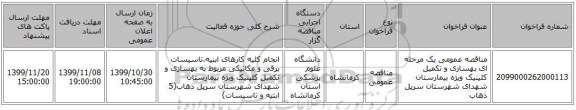 مناقصه عمومی یک مرحله ای بهسازی و تکمیل کلینیک ویژه بیمارستان شهدای شهرستان سرپل ذهاب