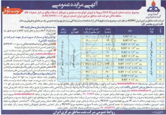 مزایده فروش انواع مته مستعمل و غیرقابل استفاده- نوبت دوم 