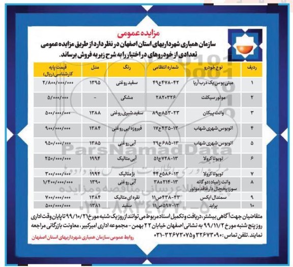 مزایده تعدادی از خودروهای در اختیار 