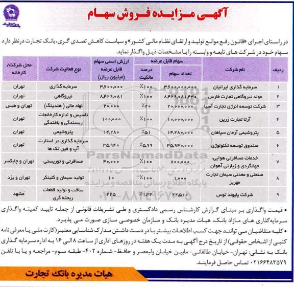 مزایده فروش سهام