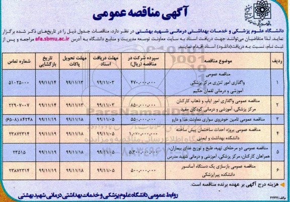 مناقصه, مناقصه عمومی واگذاری امور لنژری مرکز ... 