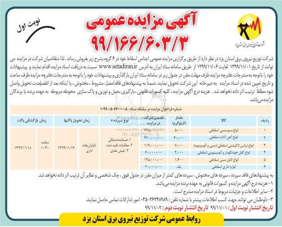 ﻿آگهی مزایده عمومی , مزایده انواع سیم مسی اسقاط ...