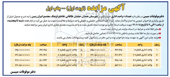 مزایده، مزایده اجاره تعداد 8 واحد اداری