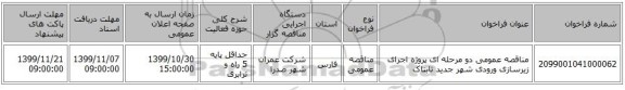 مناقصه عمومی دو مرحله ای پروژه اجرای زیرسازی ورودی شهر جدید تابناک   