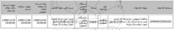 مناقصه عمومی دو مرحله ای خرید، نصب و راه اندازی یک دستگاه آسانسور جهت بیمارستان ورزنه