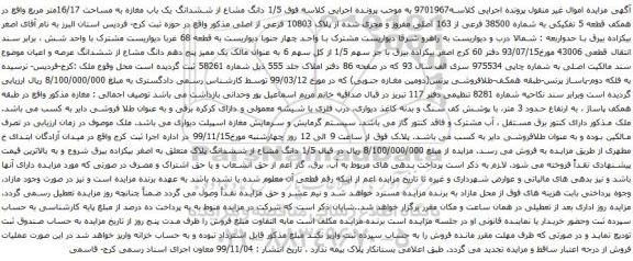 آگهی مزایده دانگ مشاع از ششدانگ یک باب مغازه به مساحت 16/17متر مربع