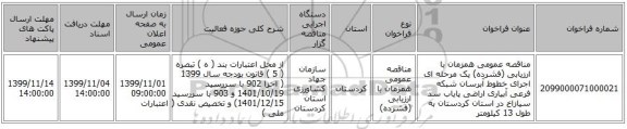 مناقصه عمومی همزمان با ارزیابی (فشرده) یک مرحله ای اجرای خطوط آبرسان شبکه فرعی آبیاری اراضی پایاب سد سیازاخ در استان کردستان به طول 13 کیلومتر  