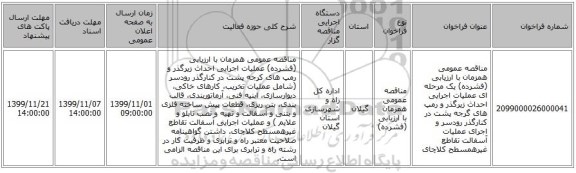 مناقصه عمومی همزمان با ارزیابی (فشرده) یک مرحله ای عملیات اجرایی احداث زیرگذر و رمپ های گرجه پشت در کنارگذر رودسر و اجرای عملیات آسفالت تقاطع غیرهمسطح  کلاچای