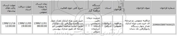 مناقصه عمومی دو مرحله ای خرید،نصب وراه اندازی تعداد چهار دستگاه رادیوگرافی تک دندان
