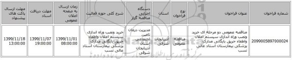 مناقصه عمومی دو مرحله ای خرید ونصب وراه اندازی سیستم اعلان واطفاء حریق بایگانی مدارک پزشکی بیمارستان استاد عالی نسب