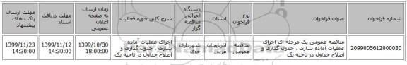 مناقصه عمومی یک مرحله ای اجرای عملیات آماده سازی ، جدول گذاری و اصلاح جداول در ناحیه یک