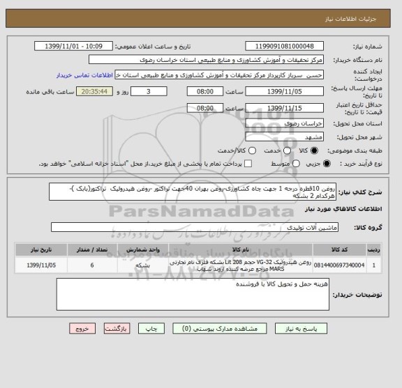 استعلام روغن 10قطره درجه 1 جهت چاه کشاورزی-روغن بهران 40جهت تراکتور -روغن هیدرولیک  تراکتور(بابک )- هرکدام 2 بشکه