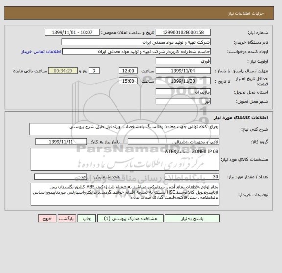 استعلام چراغ  کلاه تونلی جهت معادن زغالسنگ بامشخصات  وبرندذیل طبق شرح پیوستی