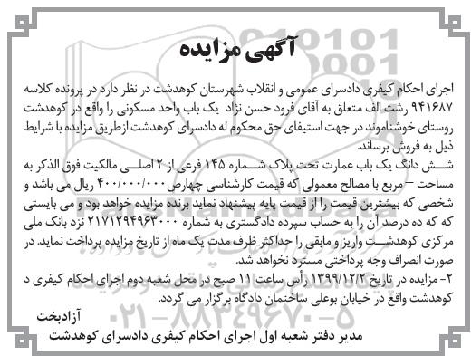 مزایده،مزایده ششدانگ یکباب عمارت پلاک 145 فرعی
