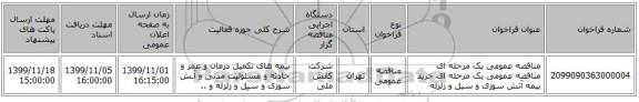 مناقصه عمومی یک مرحله ای مناقصه عمومی یک مرحله ای خرید بیمه آتش سوزی و سیل و زلزله