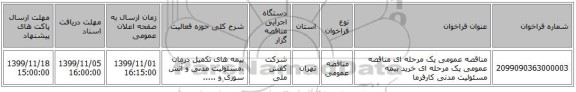 مناقصه عمومی یک مرحله ای مناقصه عمومی یک مرحله ای خرید بیمه مسئولیت مدنی کارفرما