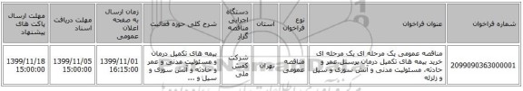 مناقصه عمومی یک مرحله ای یک مرحله ای خرید بیمه های تکمیل درمان پرسنل،عمر و حادثه، مسئولیت مدنی و آتش سوزی و سیل و زلزله