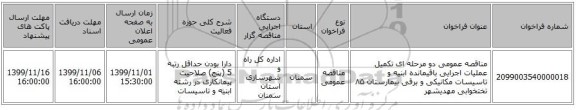 مناقصه عمومی دو مرحله ای تکمیل عملیات اجرایی باقیمانده ابنیه و تاسیسات مکانیکی و برقی بیمارستان ۸۵ تختخوابی مهدیشهر