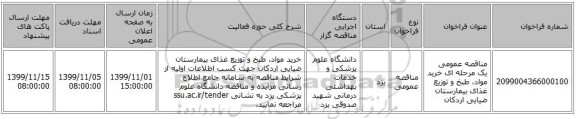مناقصه عمومی یک مرحله ای خرید مواد، طبخ و توزیع غذای بیمارستان ضیایی اردکان