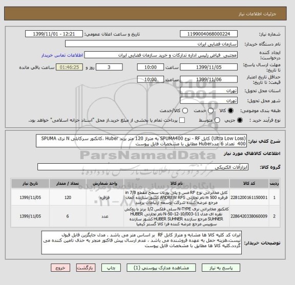 استعلام (Ultra Low Loss) کابل RF - نوع SPUMA400 به متراژ 120 متر برند Huber ،کانکتور سرکابلی N نری SPUMA 400  تعداد 6 عددHuber مطابق با مشخصات فایل پیوست