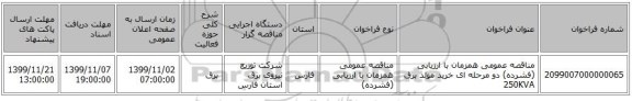 مناقصه عمومی همزمان با ارزیابی (فشرده) دو مرحله ای خرید مولد برق 250KVA