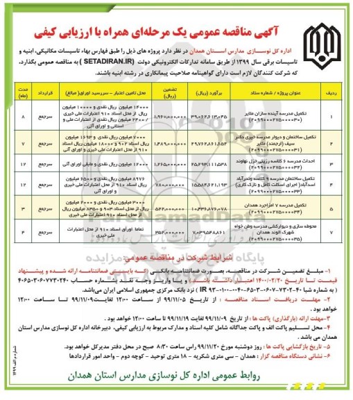 مناقصه عمومی, مناقصه تکمیل مدرسه و ...