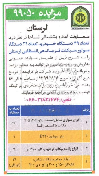 مزایده تعداد31 دستگاه موتورسیکلت