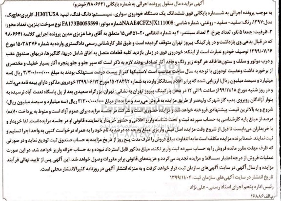 مزایده،مزایده ششدانگ یک دستگاه خودروی سواری دانگ فنگ کاربری هاچ بک